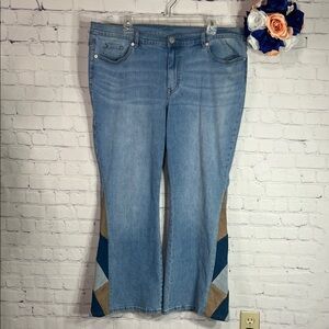 NWT DG2 by Diane Gilman flare leg jeans with suede patchwork inset